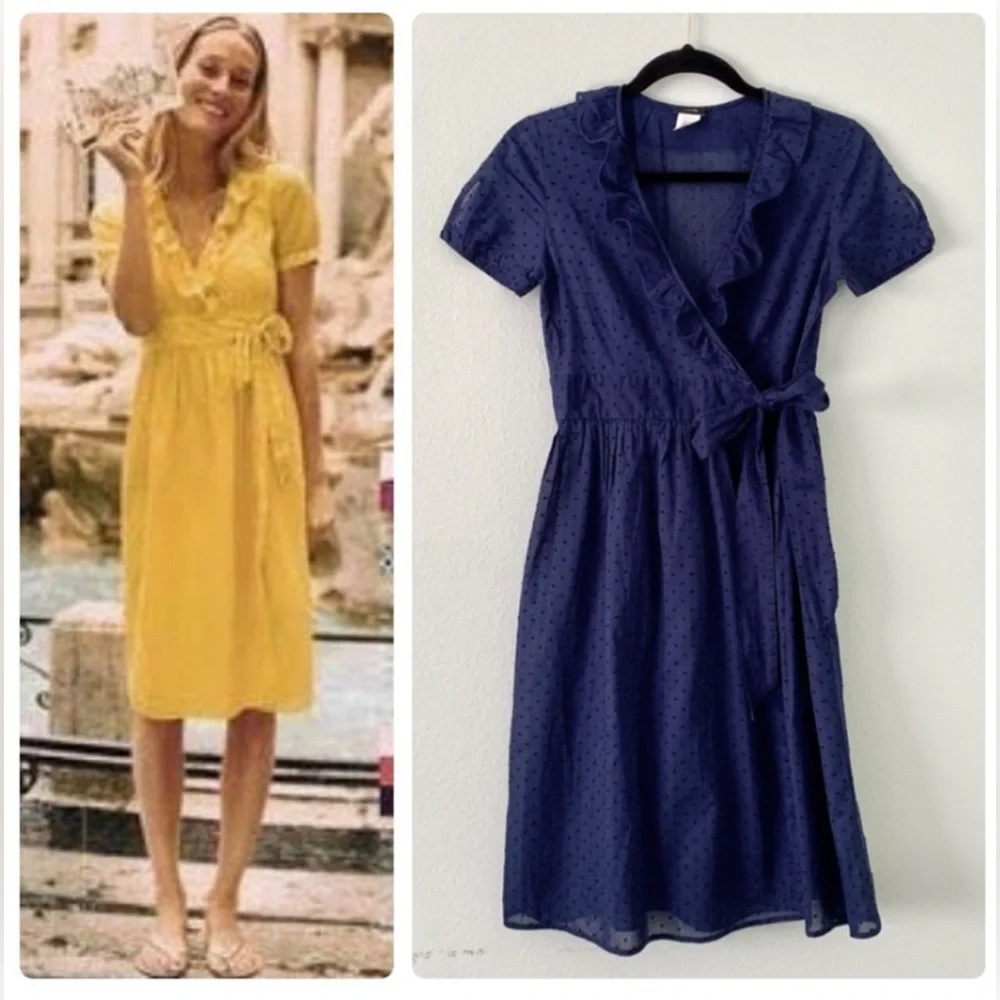 J. Crew Wrap Midi Dress Short Sleeve Nautical Swiss Dot Womens Sz 10 Navy Blue - Picture 8 of 8